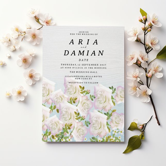 Invitación Rustic white wood pink mint roses Wedding (Rustic white wood pink mint roses Wedding )