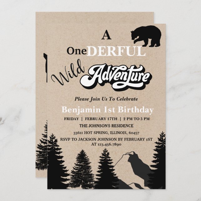 Invitación Rustic Wild One Adventure First Birday Party (Anverso / Reverso)