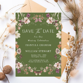 Invitación Rustic Wildflower Moss Green Boho Salva la fecha