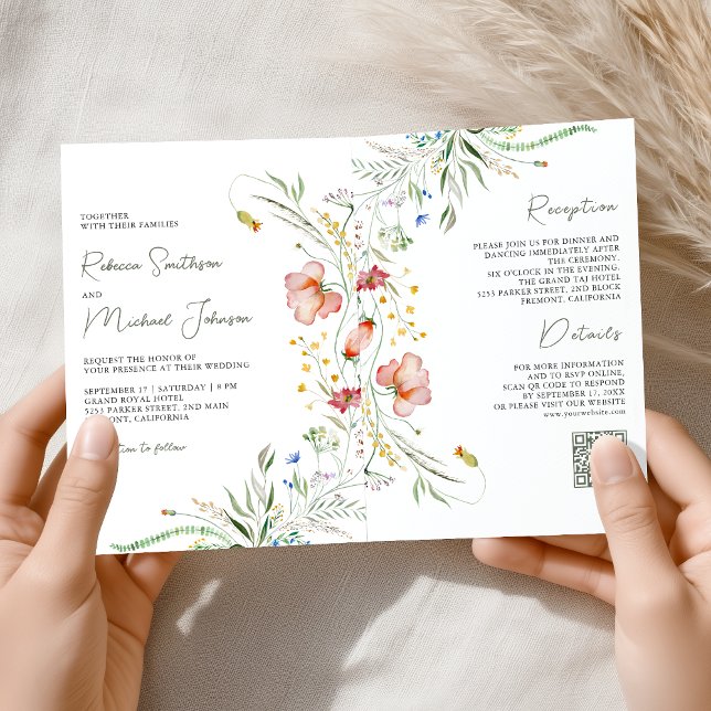 Invitación Rustic Wildflower Photo Collage QR Code Wedding (Subido por el creador)