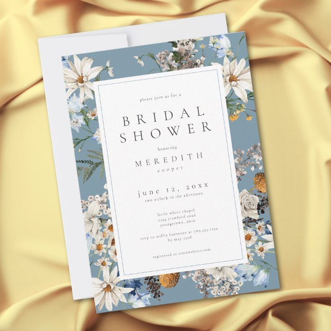 Invitación Rustic Wildflowers & Daisies Blue Bridal Shower (Rustic Wildflowers & Daisies Blue Bridal Shower Invitation)