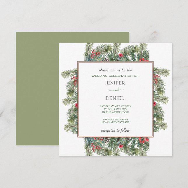 Invitación Rustic Winter Berry Pine Greenery Wedding (Anverso / Reverso)
