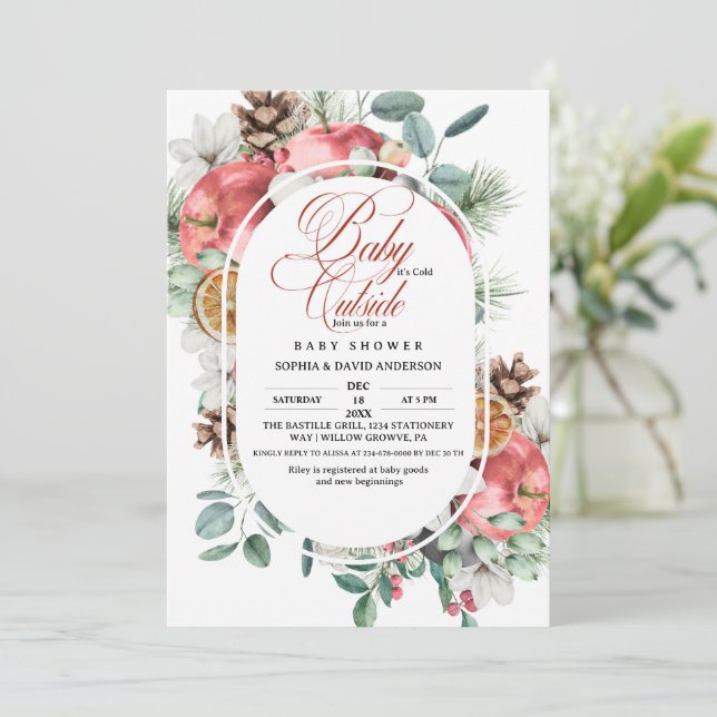Invitación Rustic Winter Greenery Cold Outside Baby Shower  (Anverso de pie)