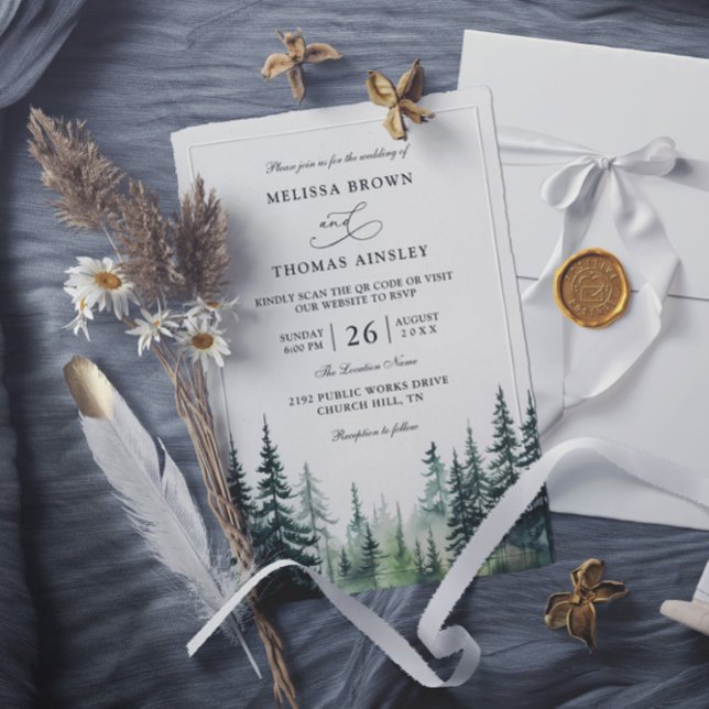 Invitación Rustic winter pine trees Budget QR Code Wedding (Subido por el creador)