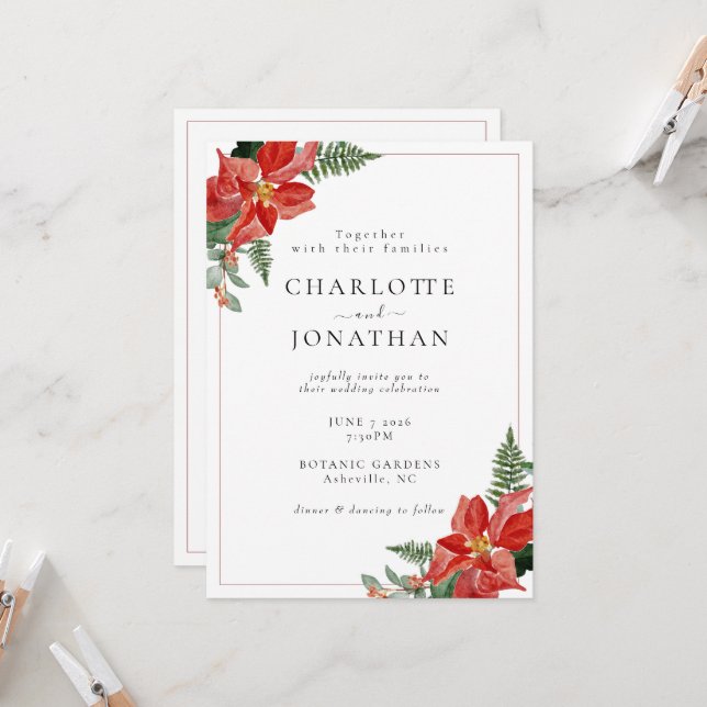 Invitación Rustic Winter Poinsettia Red Christmas Wedding (Anverso/Reverso In Situ)