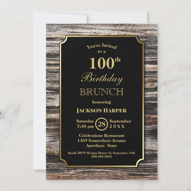 Invitación Rustic Wood 100.ª Fiesta de Brunch de cumpleaños (Anverso)