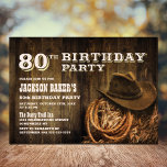 Invitación Rustic Wood 80th Birthday Party<br><div class="desc">Invite a sus amigos y seres queridos a su fiesta de cumpleaños número 80 con esta rústica invitación occidental de madera.</div>