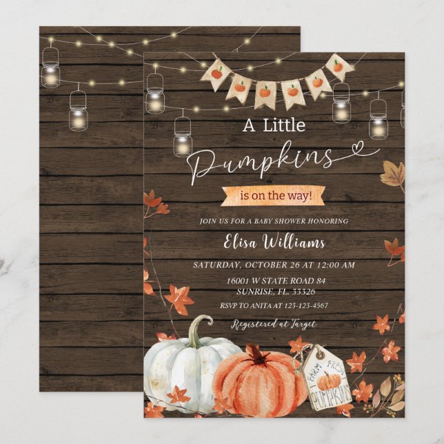Invitación Rustic Wood A Little Pumpkins está en camino (Anverso / Reverso)