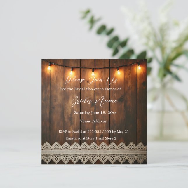 Invitación Rustic Wood and Lace Bridal Shower Invitation (Anverso de pie)