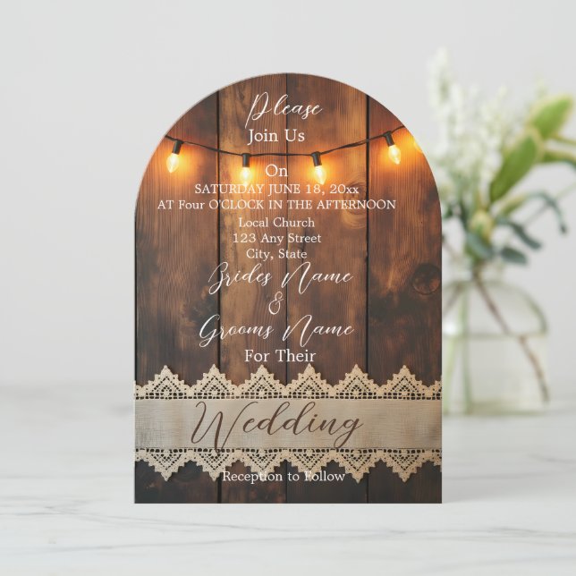 Invitación Rustic Wood and Lace Wedding  (Anverso de pie)