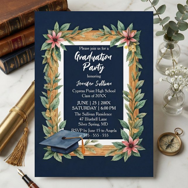 Invitación Rustic Wood and Navy Blue Floral Photo Graduation (Subido por el creador)