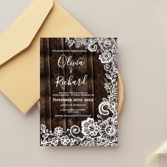 Invitación Rustic Wood and White Lace Floral Wedding (Rustic Wood and White Lace Floral Wedding Invitation)