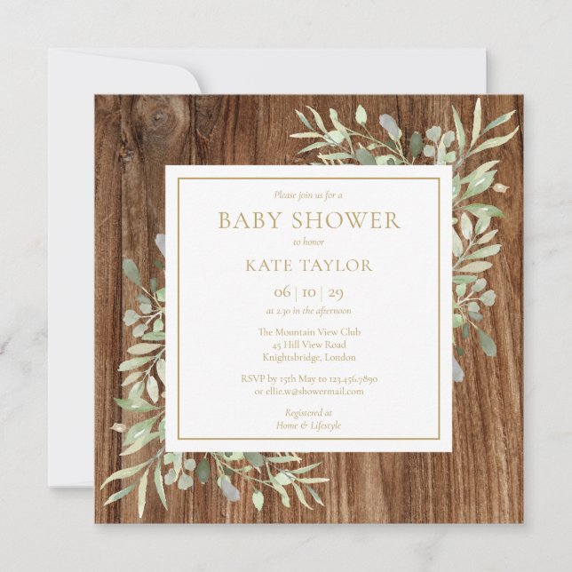 Invitación Rustic Wood Baby Shower | Vegetación por salpicadu (Anverso)