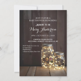 Invitación Rustic Wood Barn Baby Shower Mason Jar Lights