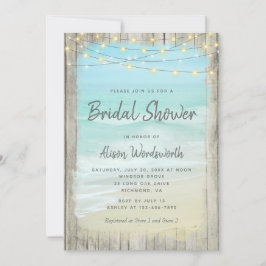 Invitación Rustic Wood Beach String ilumina la ducha de novia
