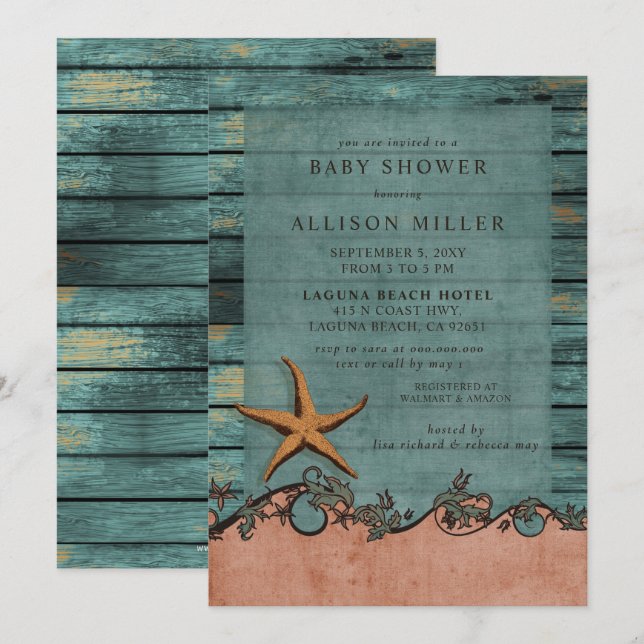 Invitación Rustic Wood Blue Coral Starfish Beach Baby Shower (Anverso / Reverso)