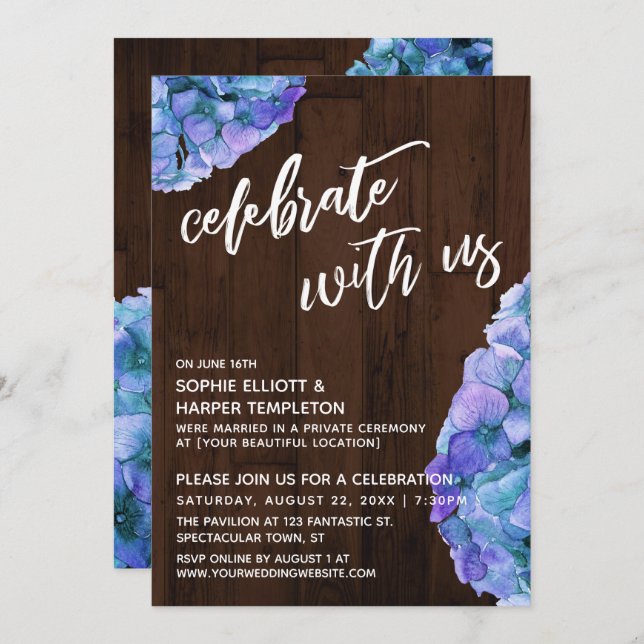 Invitación Rustic Wood Blue Hydrangea celebra con nosotros (Anverso / Reverso)