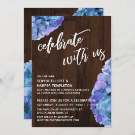 Invitación Rustic Wood Blue Hydrangea celebra con nosotros