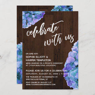 Invitación Rustic Wood Blue Hydrangea celebra con nosotros
