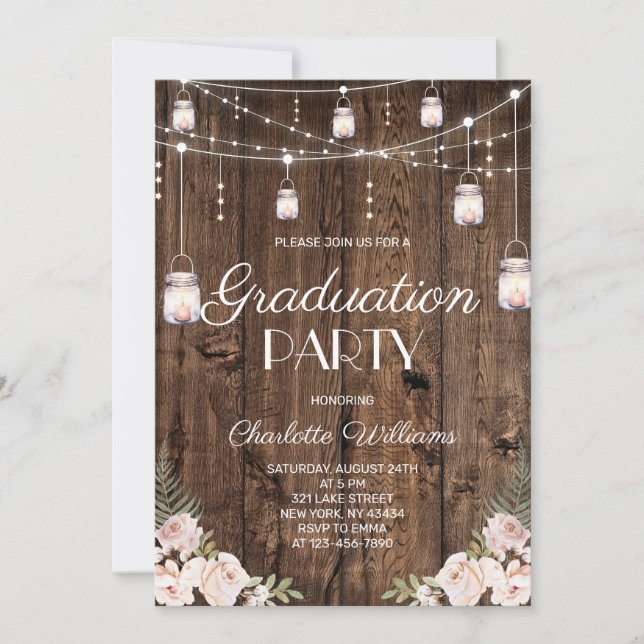 Invitación Rustic Wood Blush Floral Graduation Party (Anverso)