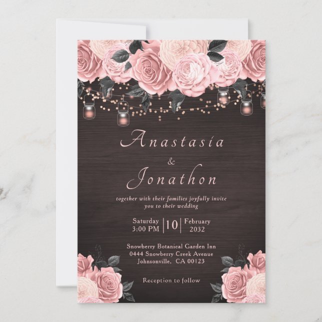 Invitación Rustic Wood Blush Floral String Lights Wedding (Anverso)