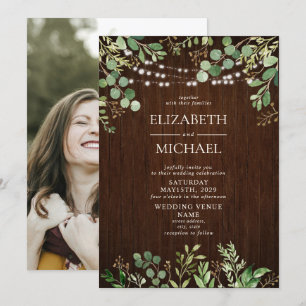 Invitación Rustic Wood Botanicals String Lights Photo Boda