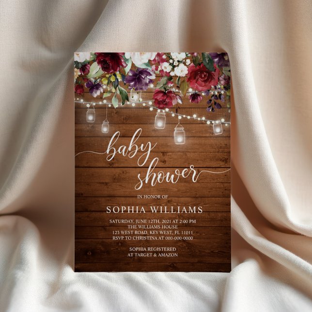 Invitación Rustic Wood Burgundy Floral Baby Shower (Subido por el creador)
