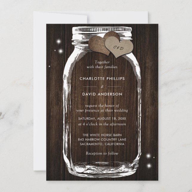 Invitación Rustic Wood Burlap Hearts Mason Jar Boda (Anverso)