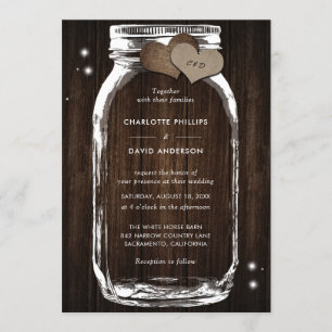 Invitación Rustic Wood Burlap Hearts Mason Jar Boda