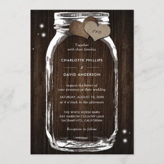 Invitación Rustic Wood Burlap Hearts Mason Jar Boda