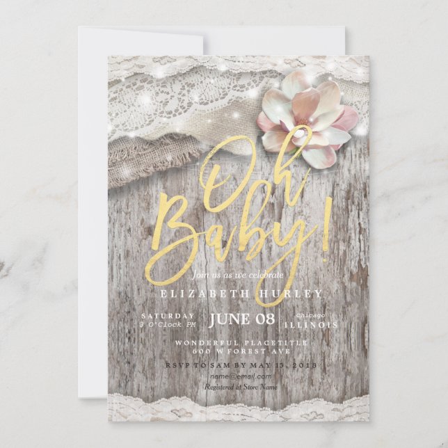 Invitación Rustic Wood Burlap Lace String Luces Baby Shower (Anverso)