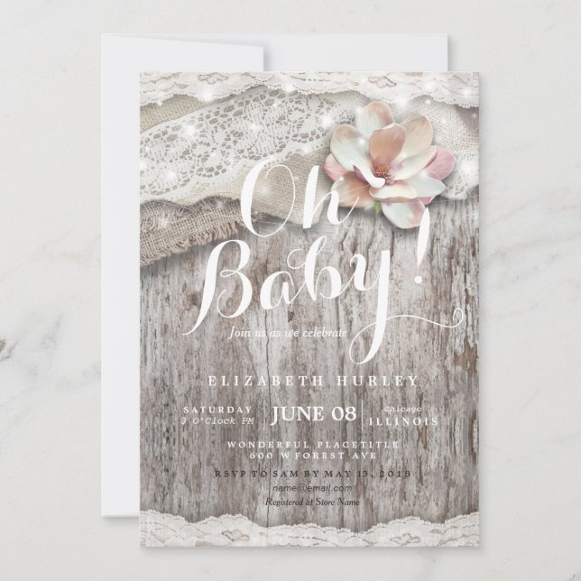 Invitación Rustic Wood Burlap Lace String Luces Baby Shower (Anverso)