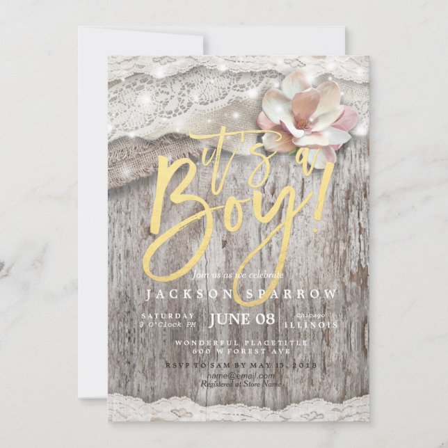 Invitación Rustic Wood Burlap Lace String Luces Baby Shower (Anverso)