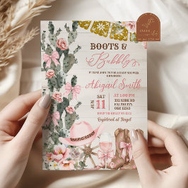 Invitación Rustic Wood Cactus Boots and Bubbly Bridal Shower
