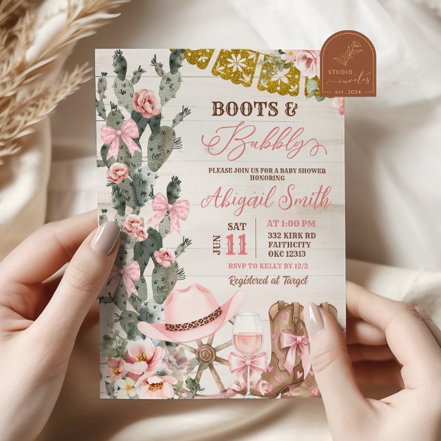 Invitación Rustic Wood Cactus Boots and Bubbly Bridal Shower (Subido por el creador)
