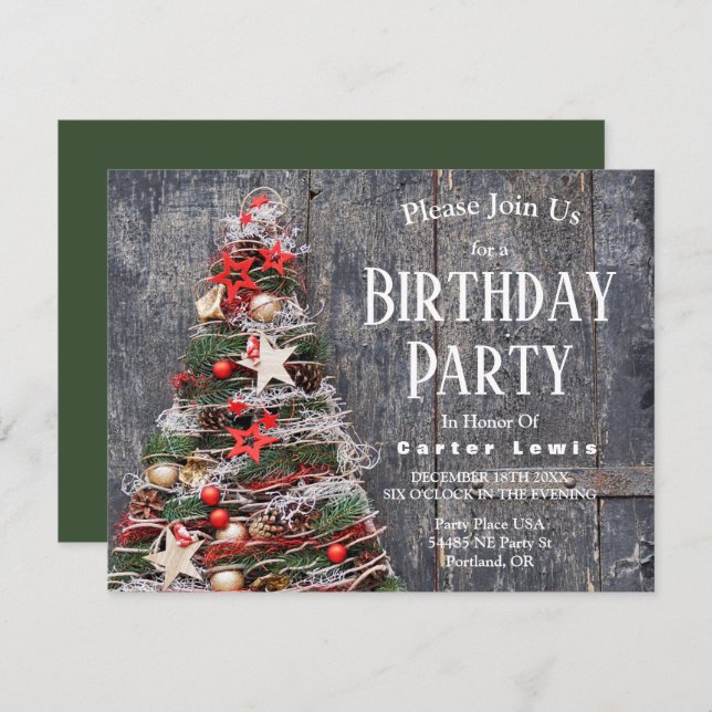 Invitación Rustic Wood Country Christmas Tree Stars Cumpleaño (Anverso / Reverso)