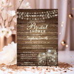 Invitación RUSTIC Wood Country Mason Jar Bridal Shower<br><div class="desc">Qué encantadoras son estas luces rústicas de cuerda con barra de máscaras invitadas a la ducha de novias. Elegante, campestre, temática exterior con bonitas letras topográficas. Las jarras de mason tienen falsos corazones de diamantes. Plantilla editable - muy fácil de agregar su información. Back of Card tiene FUTURE Mrs. Name....</div>