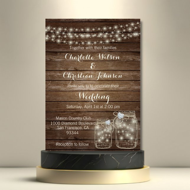Invitación Rustic Wood Country Mason Jar Lights Wedding (Subido por el creador)