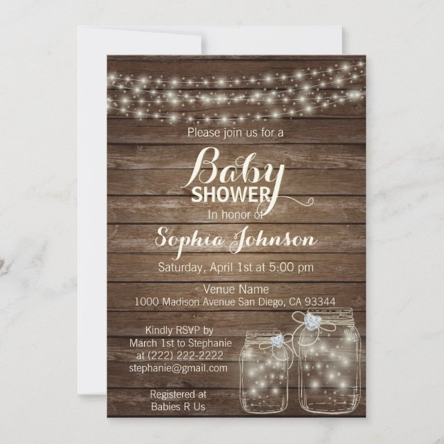 Invitación RUSTIC Wood Country Mason Jars Baby Shower (Anverso)