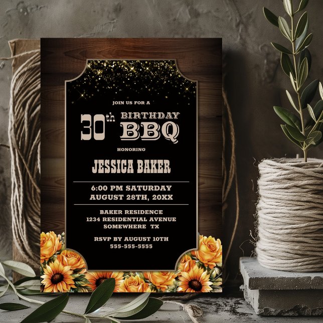Invitación Rustic Wood Floral 30 cumpleaños BBQ (Subido por el creador)