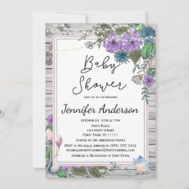 Invitación Rustic Wood Floral Birds Baby Shower