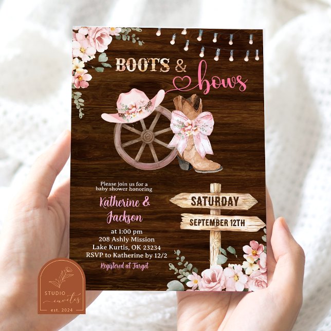 Invitación Rustic Wood Floral Boots and Bows Baby Shower (Subido por el creador)