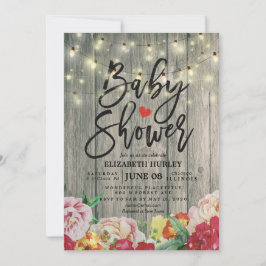 Invitación Rustic Wood Floral Moda String Lights Baby Shower