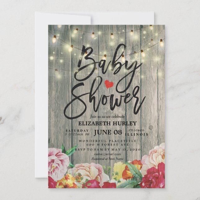 Invitación Rustic Wood Floral Moda String Lights Baby Shower (Anverso)