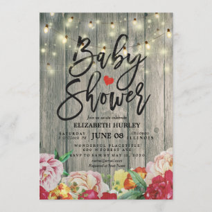 Invitación Rustic Wood Floral Moda String Lights Baby Shower