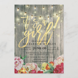 Invitación Rustic Wood Floral Moda String Lights Baby Shower
