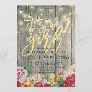 Invitación Rustic Wood Floral Moda String Lights Baby Shower