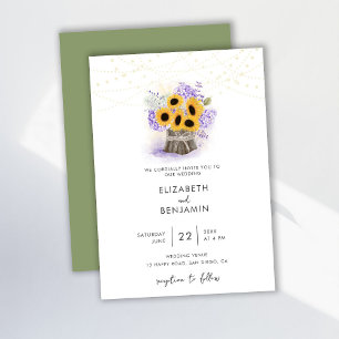 Invitación Rustic Wood Jar Sunflower Hydrangea Boho Boda