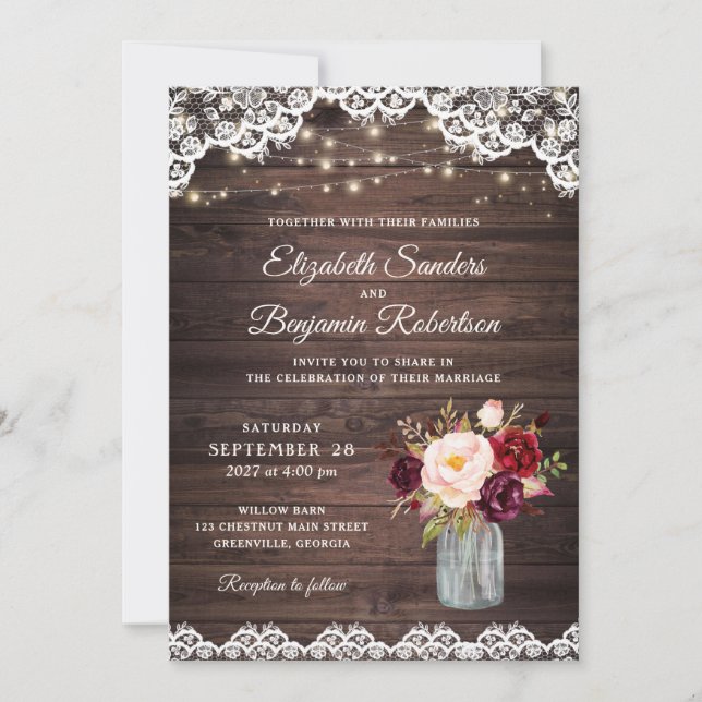 Invitación Rustic Wood Lace Burgundy Rubor Mason Jar Boda (Anverso)