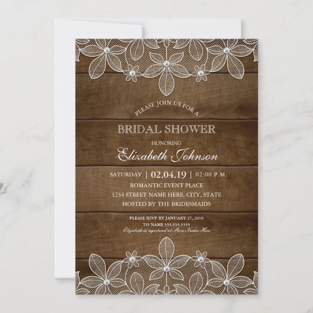 Invitación Rustic Wood Lace Elegant Country Bridal Shower (Anverso)